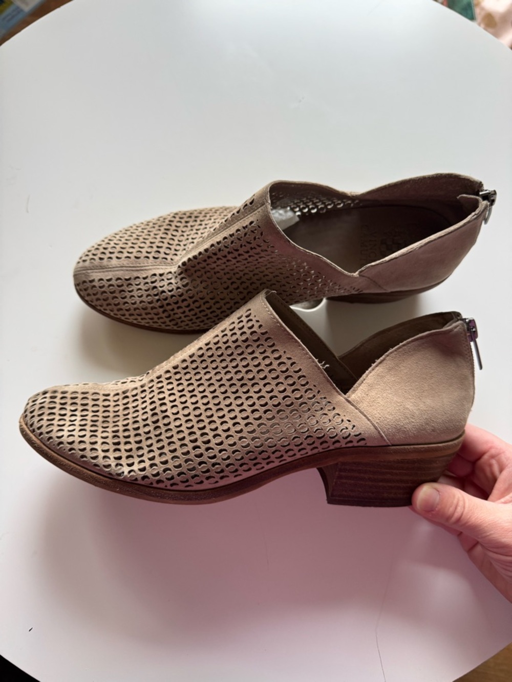 Vince Camuto Taupe Perforated Slip-On Low Heel Booties
